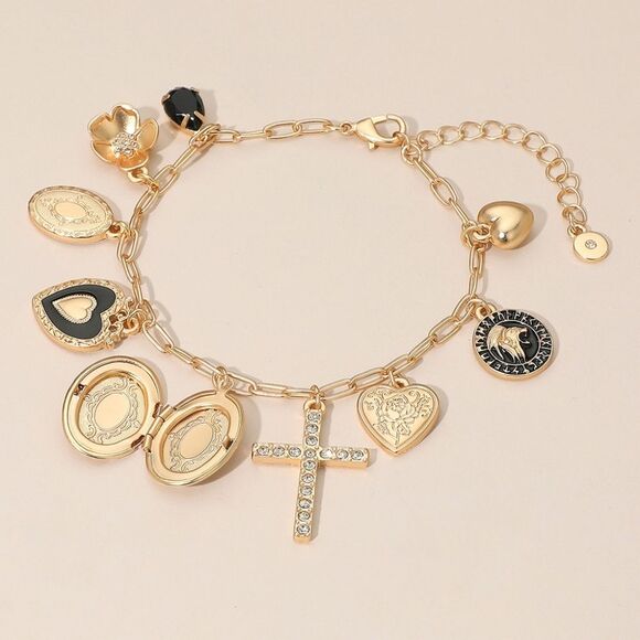 Gold Paperclip Chain Dangle Crystal Cross Coin Heart Oval Locket Charm Bracelet - Picture 1 of 5
